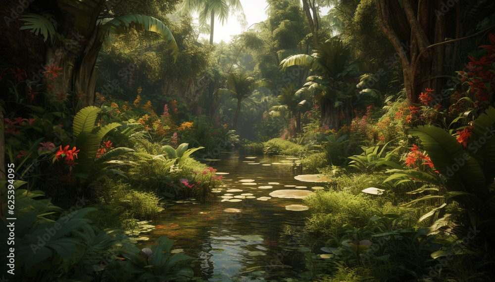 Fototapeta premium Tranquil scene of tropical rainforest with multi colored flowers and fish generated by AI