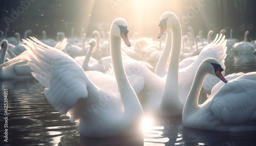 Mute swan swimming in tranquil pond, reflecting elegance and beauty generated by AI