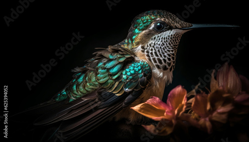 Vibrant hummingbird perching on green branch, iridescent feathers shining generated by AI