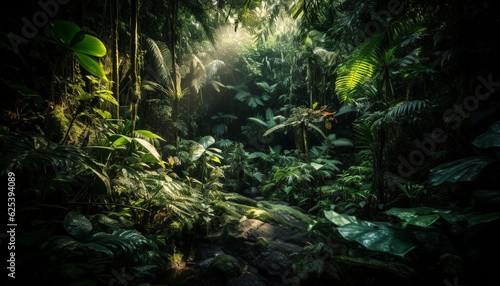 Tropical rainforest beauty in nature green fern, tree, animal, water generated by AI