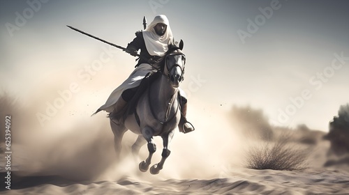 Arabian knight warrior riding his elegant horse and charging the enemy with his weapon. Generative AI. © CSS Studio