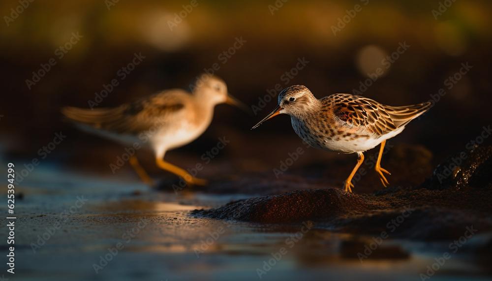 Yellow tern perching on sand, watching sunset over tranquil water generated by AI Yellow tern perching on sand, watching sunset over tranquil water generated by AI