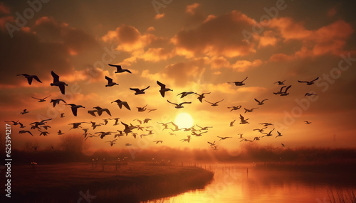Silhouette of flying seagull in tranquil sunset over water generated by AI