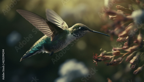 Hummingbird hovering mid air, spreading iridescent wings for pollination generated by AI