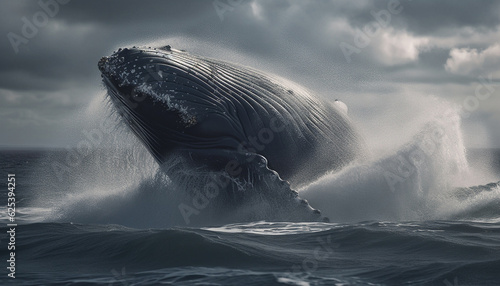 Majestic humpback breaches, spraying seascape with awe inspiring motion generated by AI © djvstock