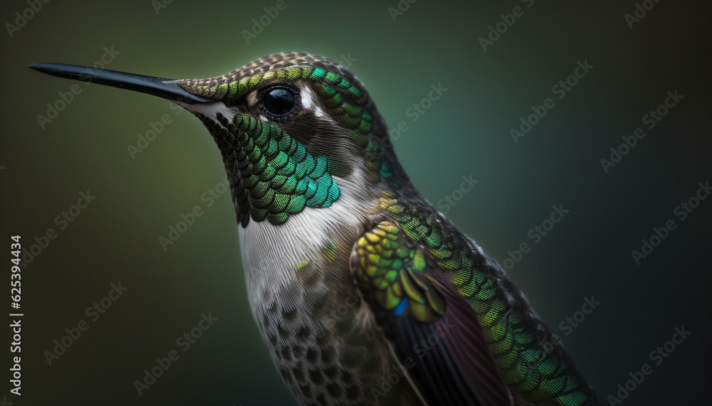 Obraz premium Vibrant hummingbird perching on branch, iridescent feathers shining in sunlight generated by AI