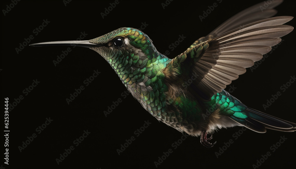 Fototapeta premium Hummingbird flying in nature with iridescent multi colored feathers hovering mid air generated by AI