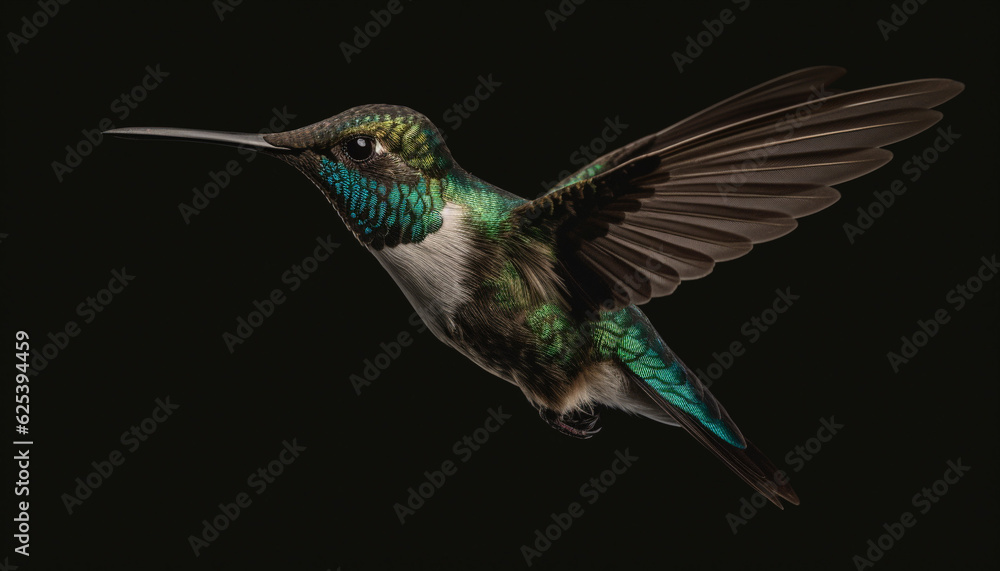 Obraz premium Rufous hummingbird hovering mid air, spread wings, iridescent feather beauty generated by AI