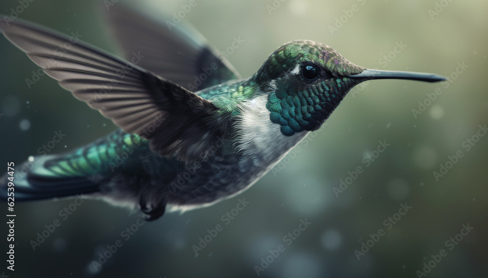 Fototapeta premium Hovering hummingbird spreads iridescent wings in mid air motion, pollinating flowers generated by AI