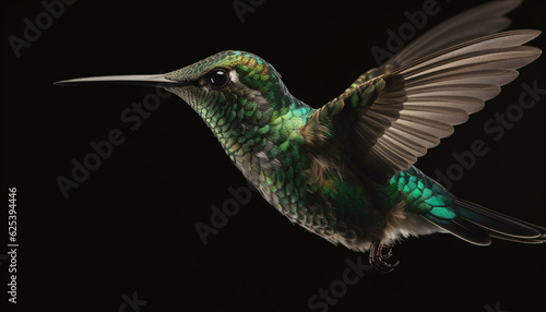 Hummingbird flying in nature with iridescent multi colored feathers hovering mid air generated by AI