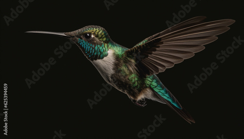 Rufous hummingbird hovering mid air, spread wings, iridescent feather beauty generated by AI