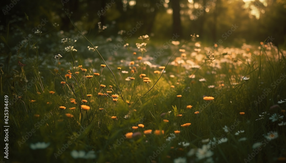 Vibrant wildflowers bloom in uncultivated meadow at sunset, backlit beauty generated by AI