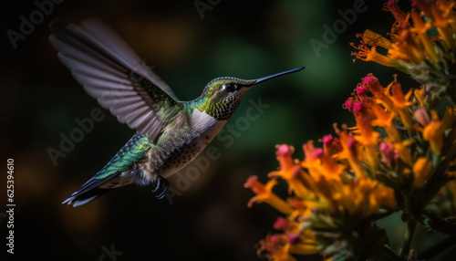 Hummingbird hovering, iridescent feathers spread wings, pollinating vibrant purple flower generated by AI © djvstock