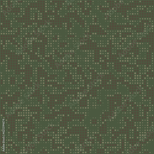 Digital military camouflage. Seamless camo pattern. Halftone dots background. Skin of a chameleon or snake. Khaki green color. Abstract texture for print on fabric, textile or paper. Vector