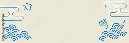 波と魚の和風レトロ背景