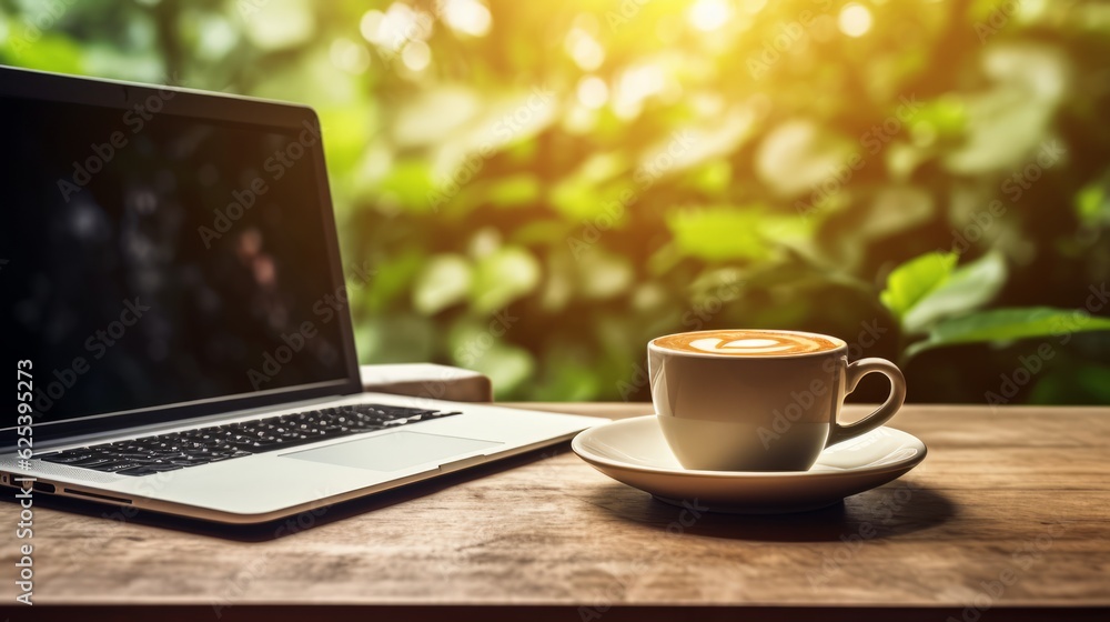 A cup of coffee on the table with a laptop beside it. A cup of coffee on the table with a laptop beside it.