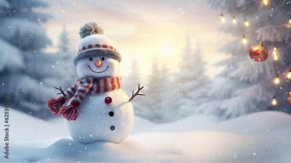 Fototapeta premium Winter Snowman Backdrop. Snowy Wallpaper Illustration. Generative AI.