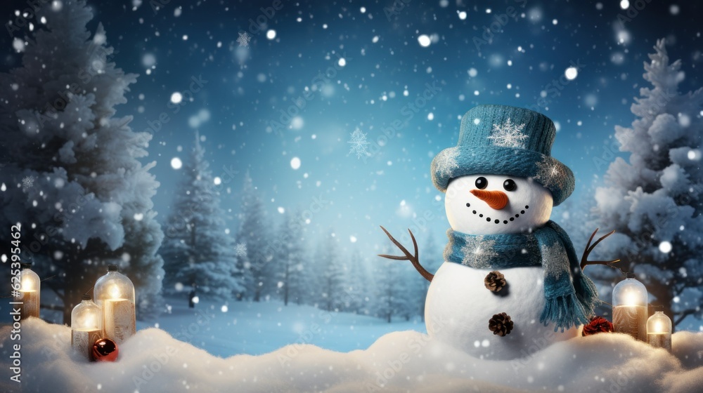 Winter Snowman Backdrop. Snowy Wallpaper Illustration. Generative AI.