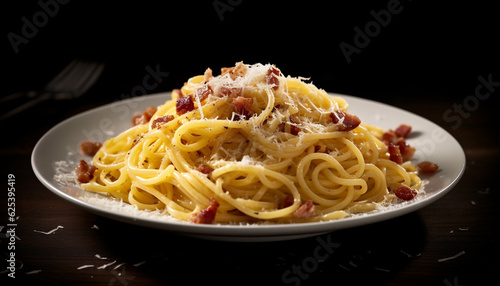 Freshly cooked pasta with bolognese sauce and parmesan cheese garnish generated by AI