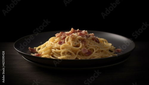Freshly cooked Italian pasta meal on a gourmet plate with parmesan generated by AI
