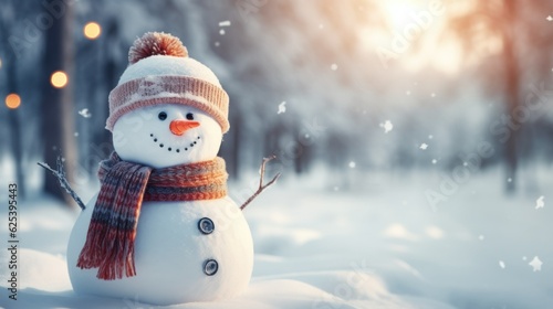 Winter Snowman Backdrop. Snowy Wallpaper Illustration. Generative AI. © Tuyres