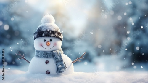 Winter Snowman Backdrop. Snowy Wallpaper Illustration. Generative AI. © Tuyres