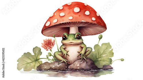 Watercolor vintage mushroom with cute frog transparent background photo