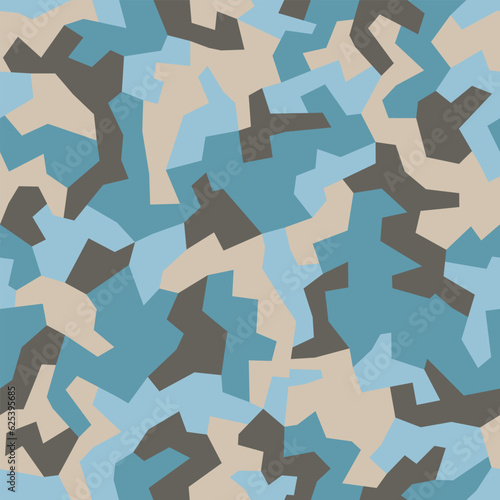 Geometric camouflage, seamless texture. Urban uniform. Blue and brown colors modern camo pattern, repeat print for fabric. Vector background