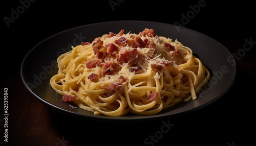 Freshly cooked Italian pasta meal on gourmet plate with parmesan cheese generated by AI