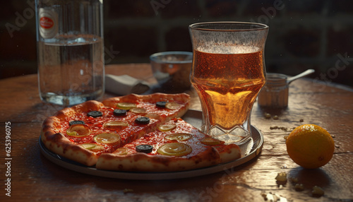 Rustic pizzeria serves gourmet pizza and wine for lunch indoors generated by AI