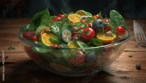 Fresh vegetarian salad bowl with organic ingredients and gourmet crockery generated by AI