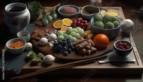 Healthy meal with organic vegetables and sweet berry fruit snack generated by AI