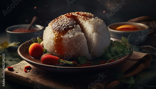 Grilled pork and vegetable bowl, a healthy gourmet lunch option generated by AI