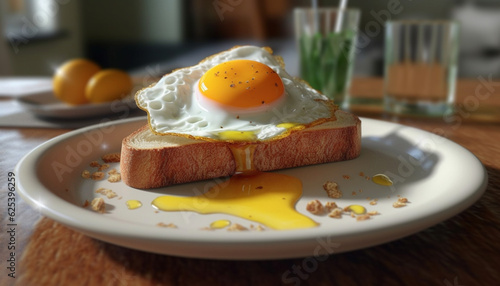 Freshly cooked gourmet meal on rustic wooden plate with fried egg generated by AI