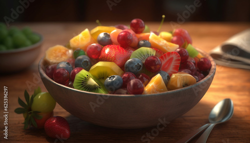 Fresh fruit salad bowl with ripe berries and sweet strawberries generated by AI