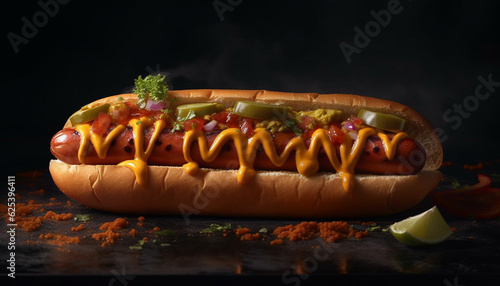 Grilled beef hot dog on rustic wood table with ketchup generated by AI