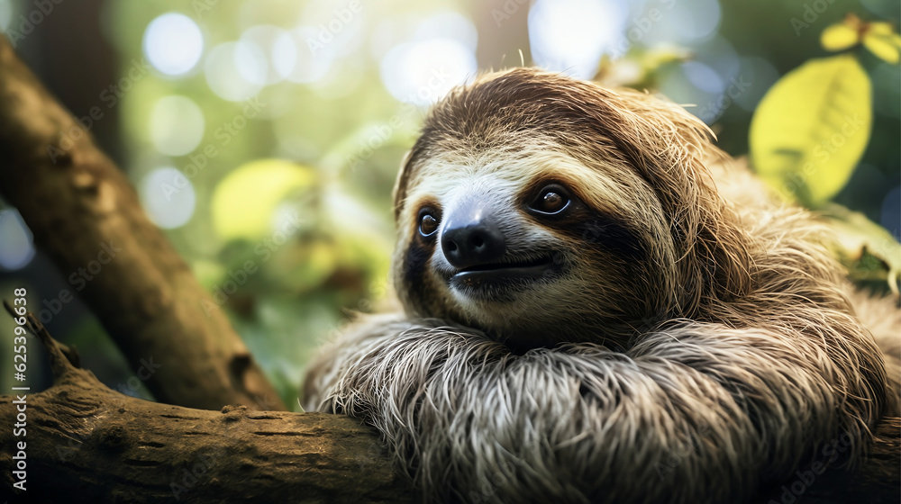 Naklejka premium Sloth relaxing in tree head portrait bokeh - Generative AI