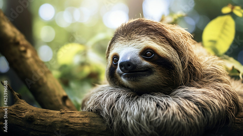 Sloth relaxing in tree head portrait bokeh - Generative AI
