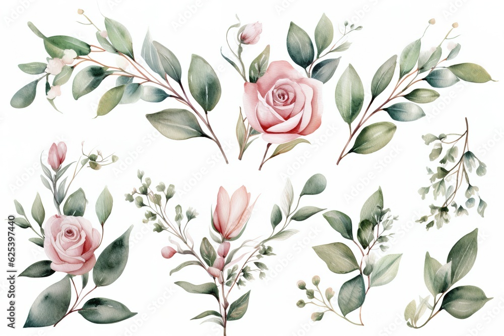 set of Watercolor floral frame border with pink rose - obrazy, fototapety, plakaty 