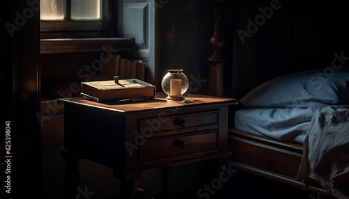 Comfortable old fashioned bedroom with elegant antique decor and rustic bookshelf generated by AI © djvstock