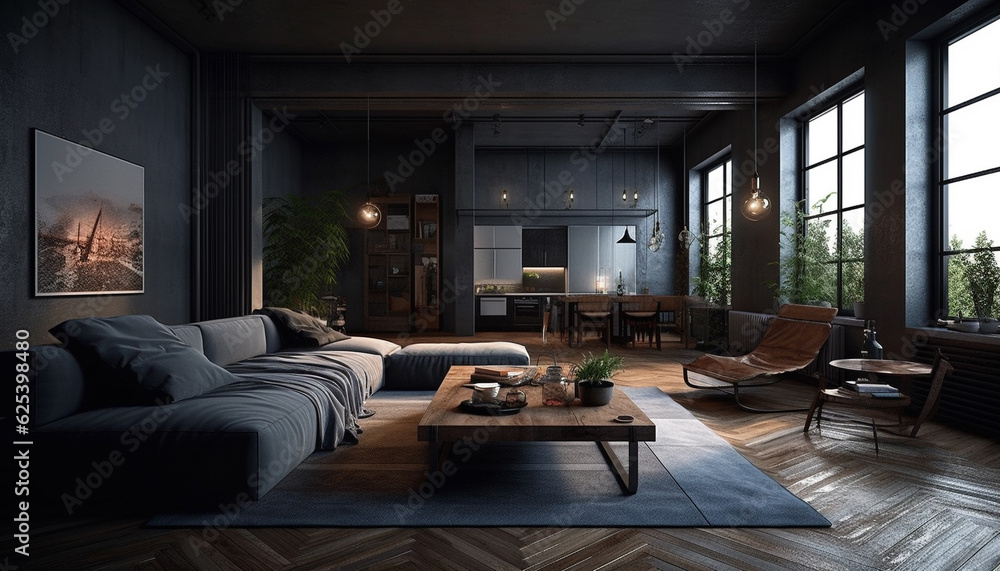Modern luxury apartment with comfortable decor and elegant lighting equipment generated by AI Modern luxury apartment with comfortable decor and elegant lighting equipment generated by AI