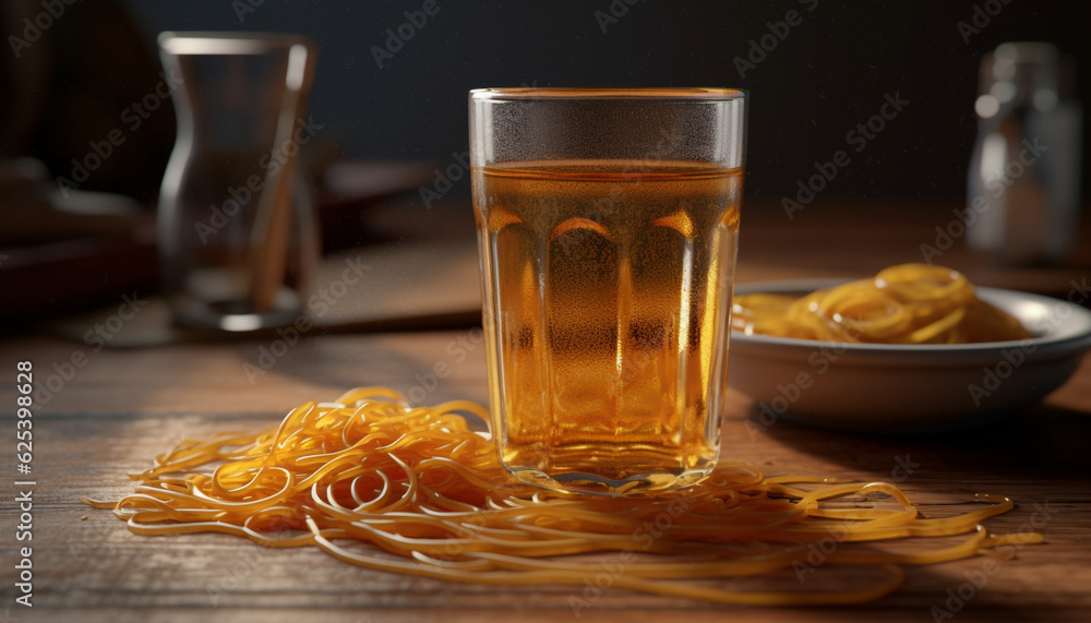Golden whiskey in a wet beer glass on a wooden table generated by AI Golden whiskey in a wet beer glass on a wooden table generated by AI