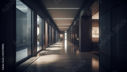 Modern office corridor with bright lighting and futuristic glass reflection generated by AI