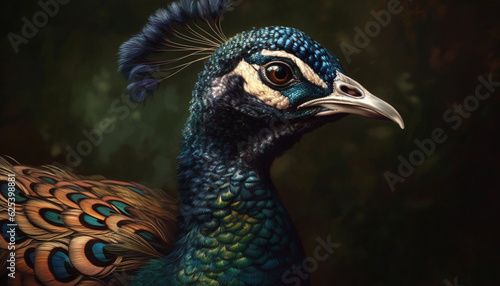 Majestic peacock displays vibrant colors and elegant feather pattern generated by AI
