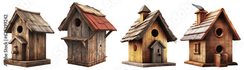 collection of four fantasy wooden birdhouses on a transparent background, Generative AI © Farantsa