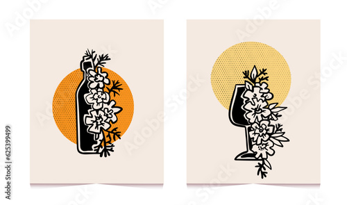 Vintage Set of Wine emblem for your projects. Bottle, glass, flowers, sunset. Abstract illustration.