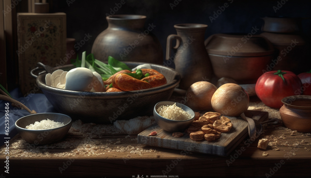 Rustic homemade vegetarian meal on wooden table with fresh ingredients generated by AI Rustic homemade vegetarian meal on wooden table with fresh ingredients generated by AI