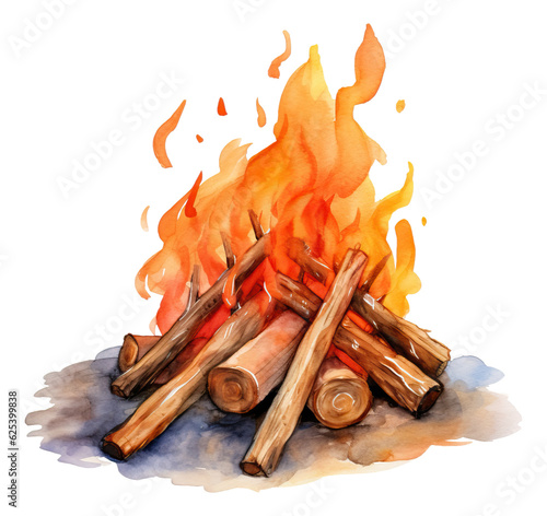 Watercolor campfire illustration isolated.