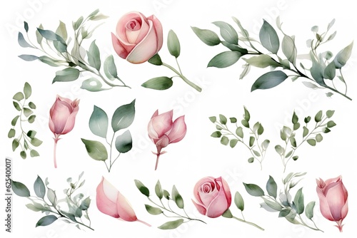 Fototapeta Naklejka Na Ścianę i Meble -  set of Watercolor floral frame border with pink rose