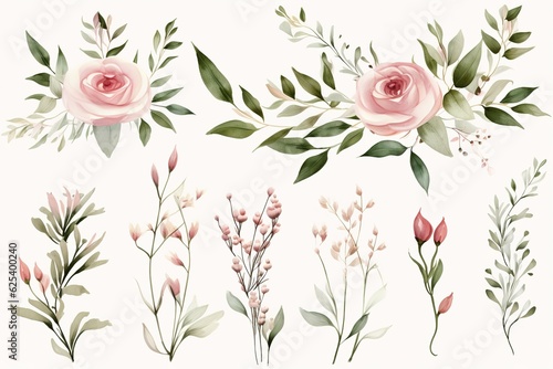 Fototapeta Naklejka Na Ścianę i Meble -  set of Watercolor floral frame border with pink rose